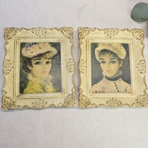 2 Vintage 1950's Cherry Jeffe Huldah Pretty French Lady Prints 6x7 Ornate Frames